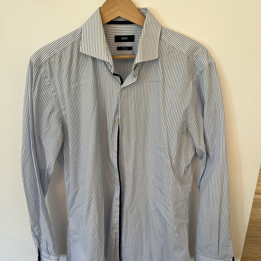 Boss Light Blue and White Striped Shirt